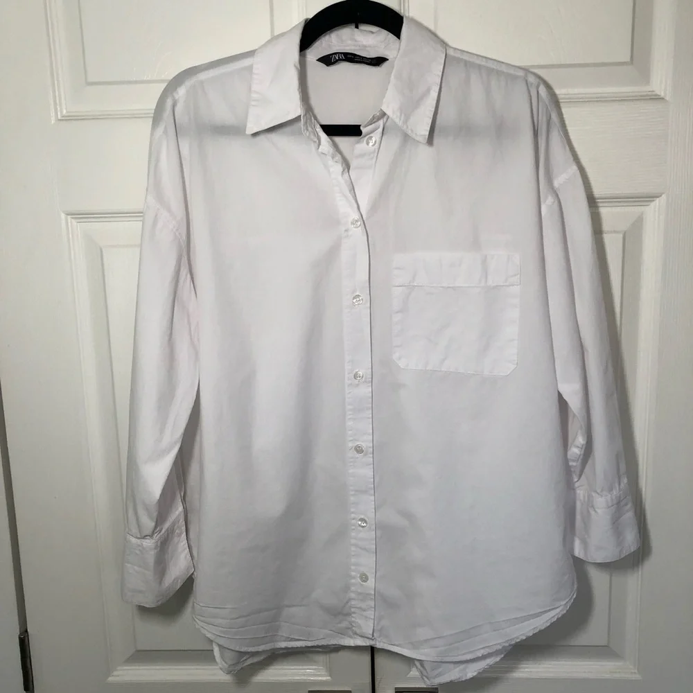 Zara White Oversized Button Up 3/4 Sleeve Blouse Size M